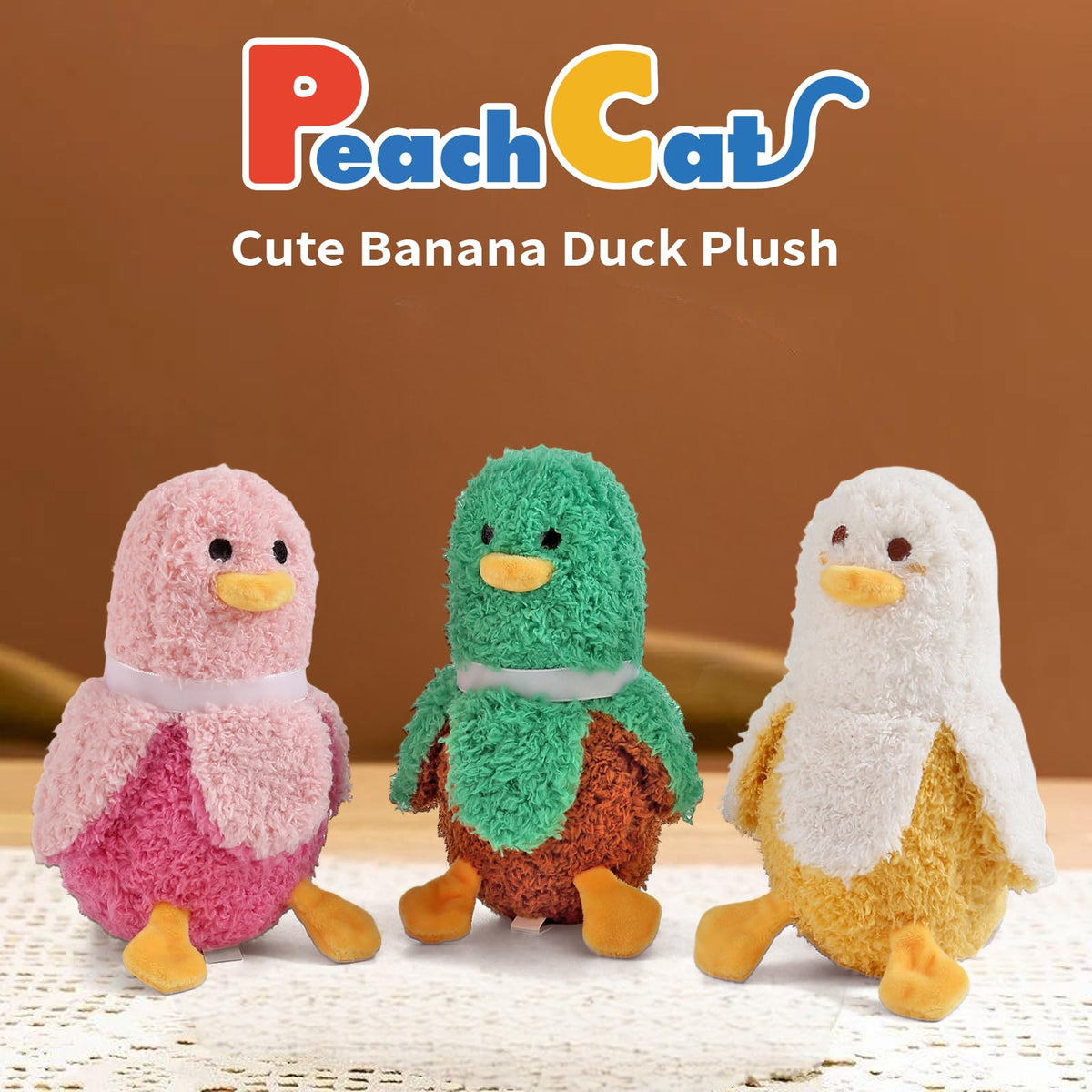 PEACH CAT Banana Duck plush set front view showing family arrangement and colors.