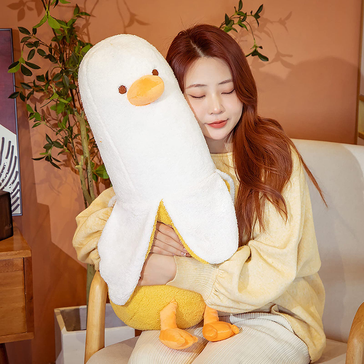 PEACH CAT banana duck plush arrives vacuum packaged for easy setup and fluffing.