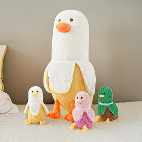 PEACH CAT Banana Duck plush with zipper reveal showing three tiny companions.