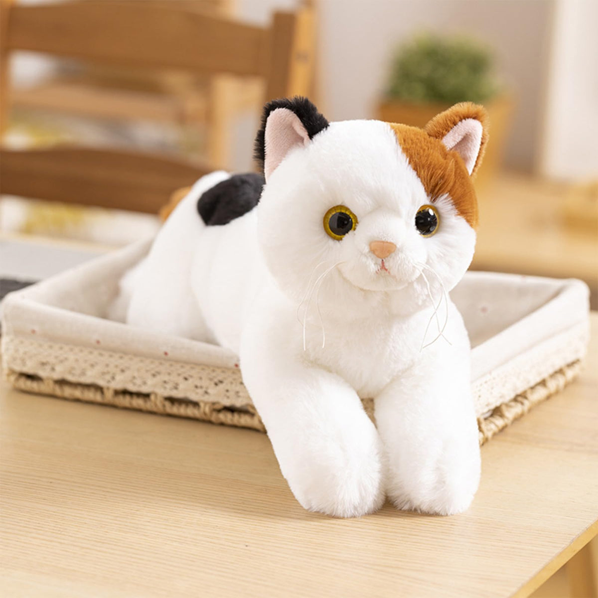 PEACH CAT Calico Cat Plush back view highlights durable stitching and cozy feel