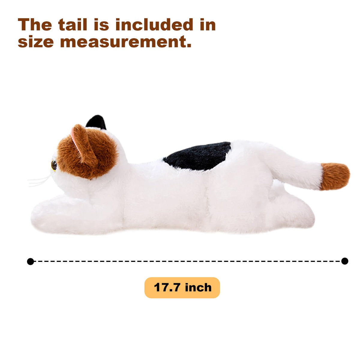 PEACH CAT Calico Cat Plush size hero emphasizes 17.7 inches for hugging and display