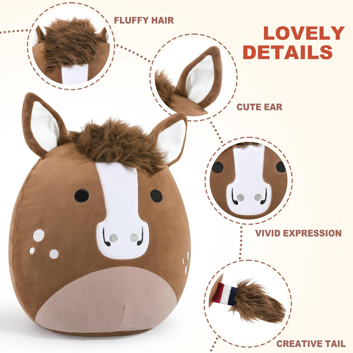 PEACH CAT Quarter Horse plush, face close-up with soft snout and friendly expression.