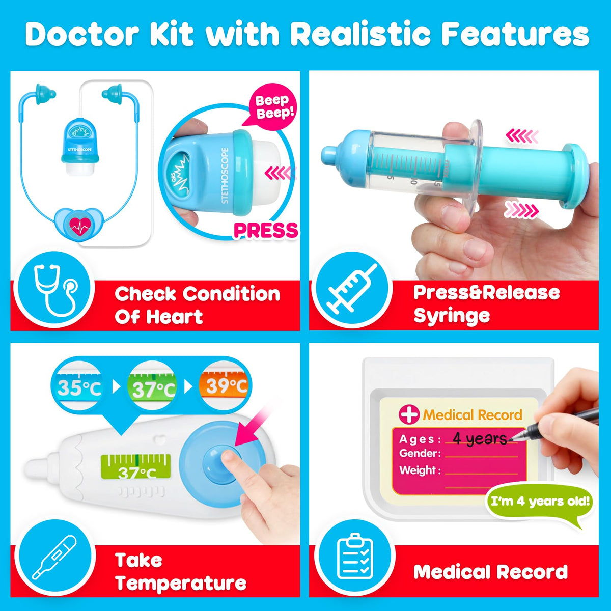 Peacurh Doctor Kit thermometer supports interactive role-play with adjustable readings for exploration