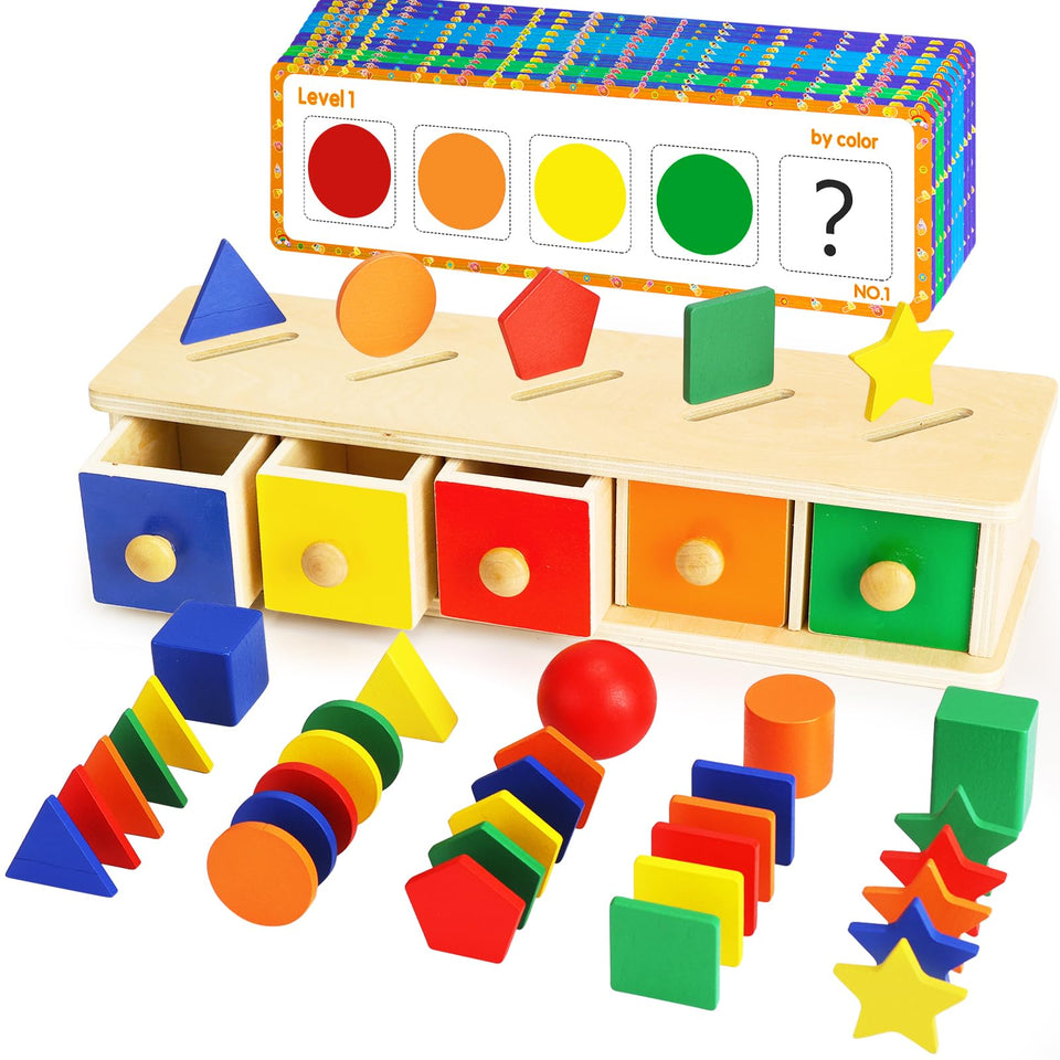Peacurh Montessori sorter box with drawers for color and shape matching.