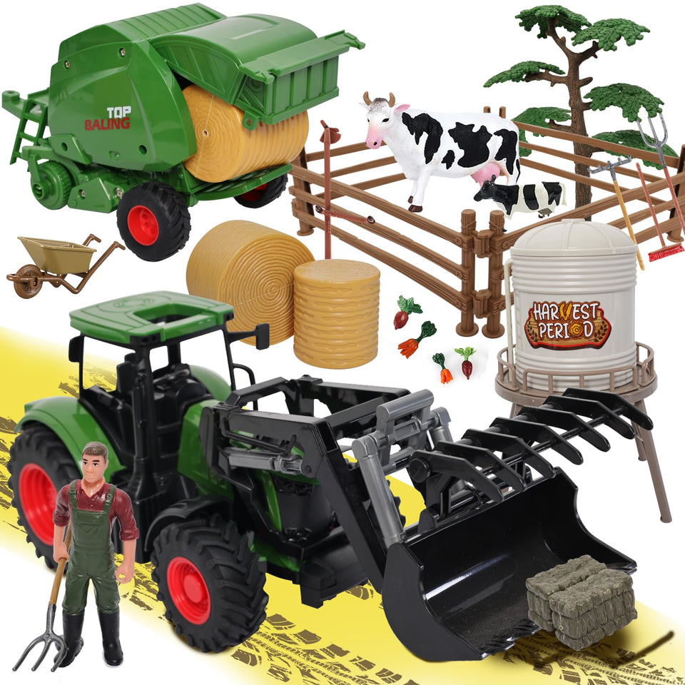 Peagprav farm tractor toys set bale haying round baler with barn inspires imaginative farm play