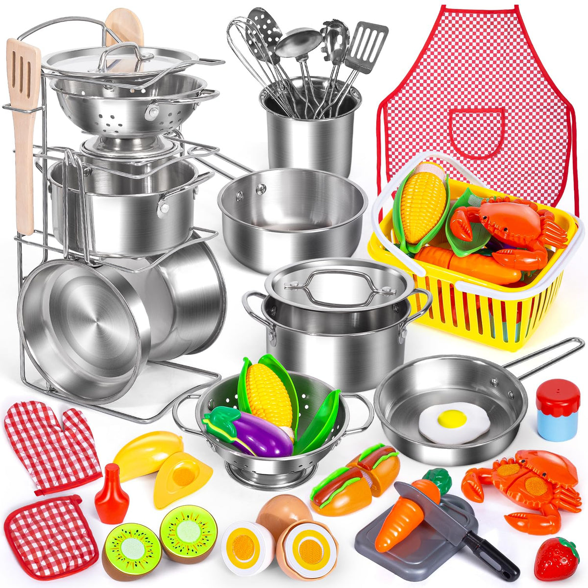 PEAINBOX kids kitchen pot set in stainless steel for realistic pretend cooking