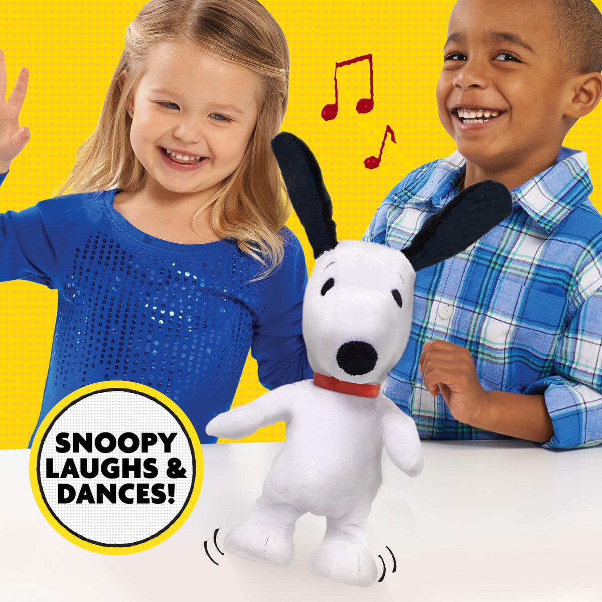 Peanuts Snoopy Happy Dance plush ears flap during the dance sequence.