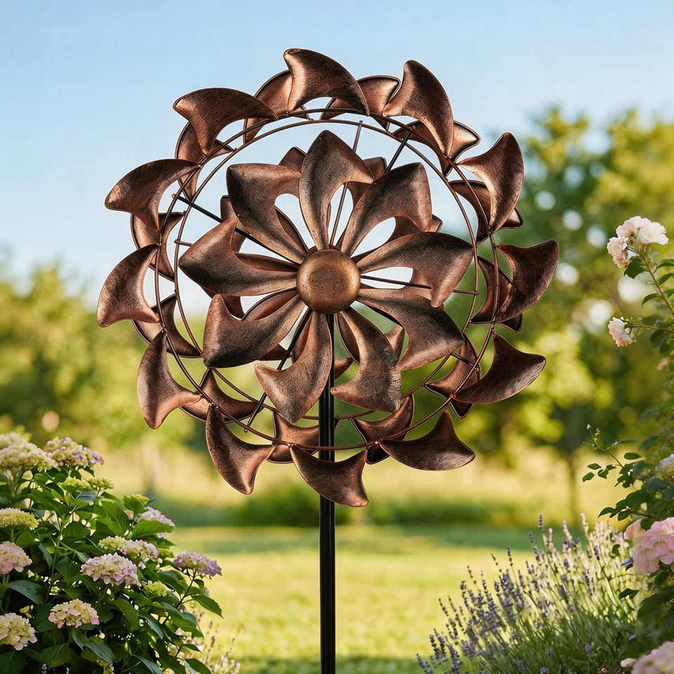 Pearlstar wind spinner vintage blades show textured patina for timeless garden decor.