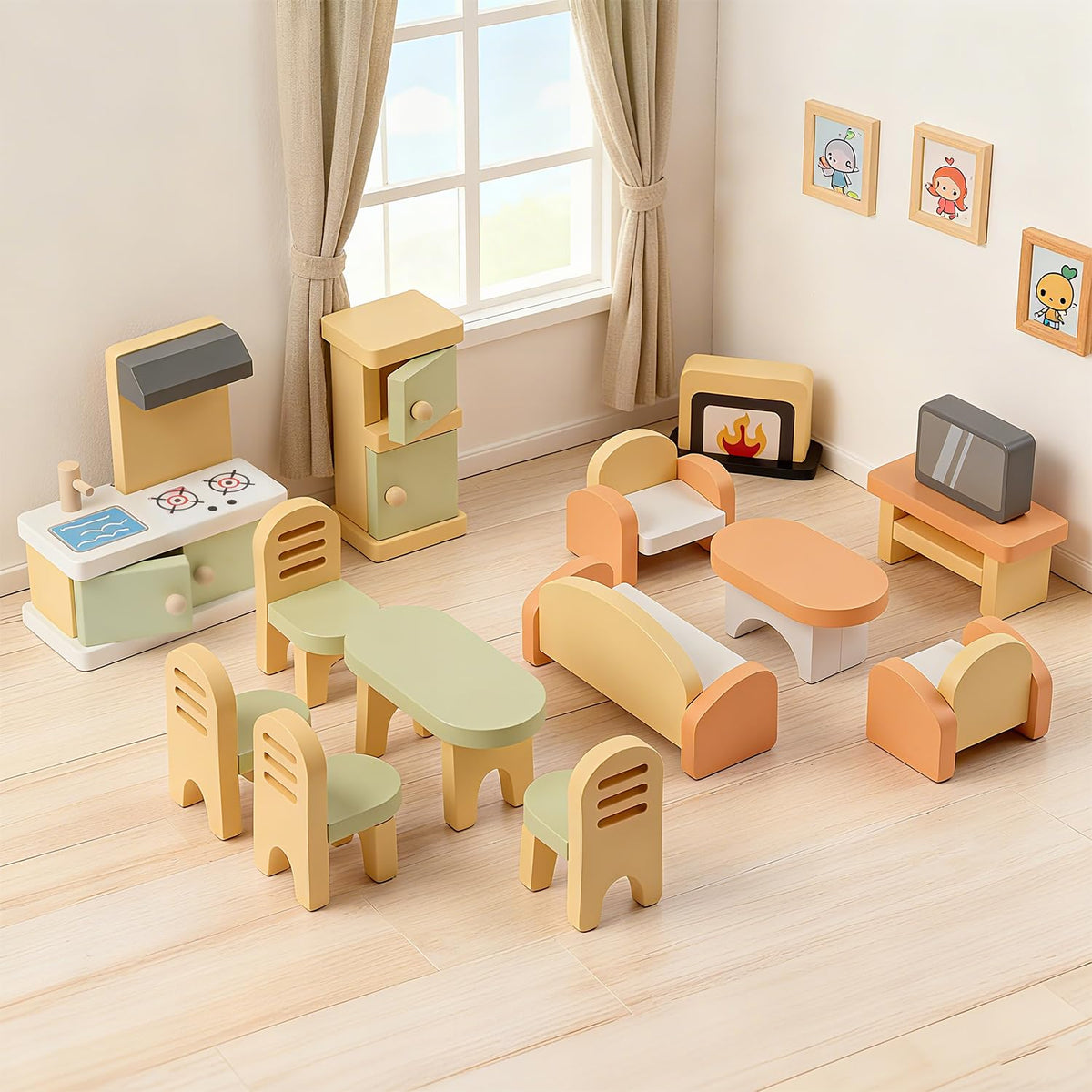 Peccvon living room with sofa and TV boosts storytelling and role-play.