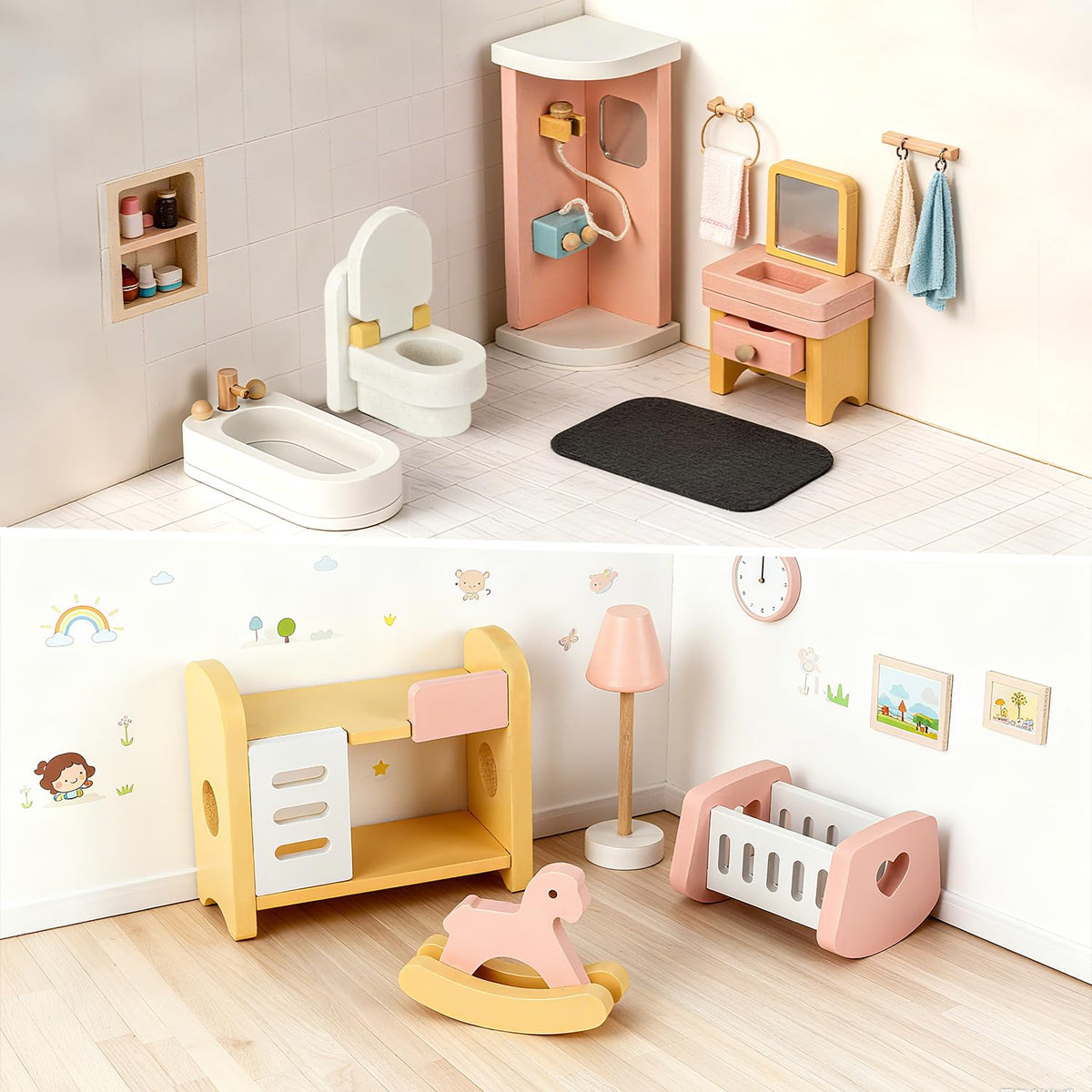 Peccvon nursery with crib and rocking chair invites caring play and nurturing stories.