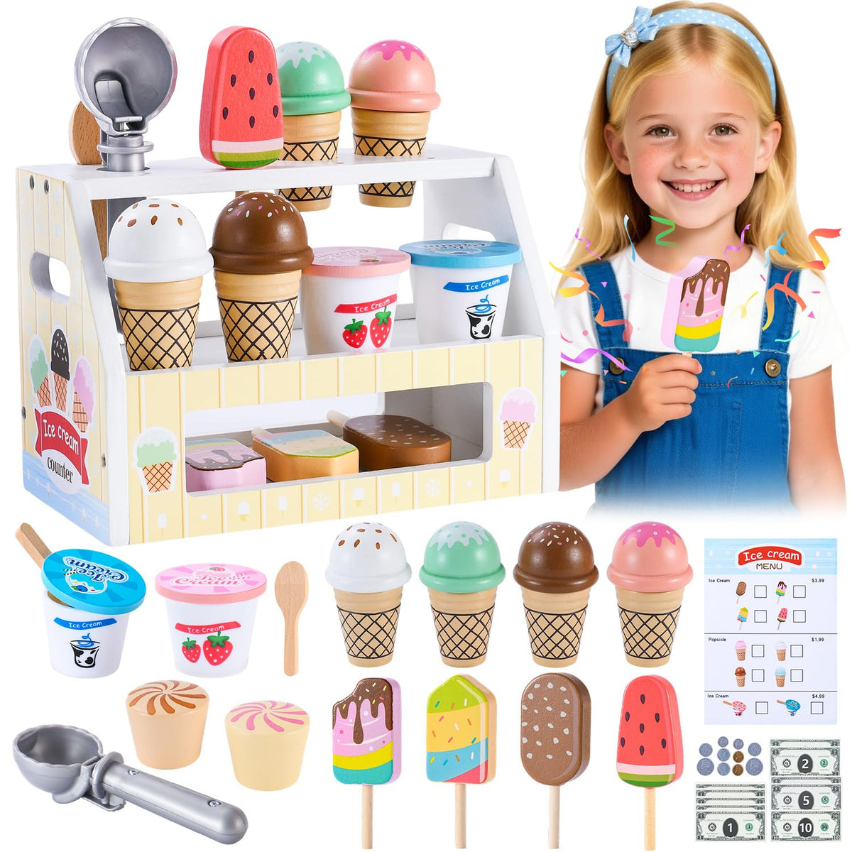 Peccvon mini wooden ice cream stand for little hands, compact design encourages imaginative play.
