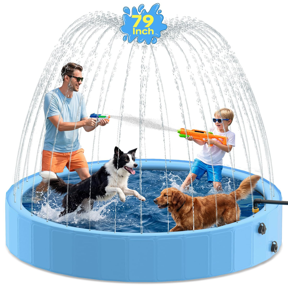 Pechfun 79in dog pool with sprinkler for cooling and play.