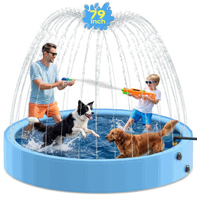 Pechfun 79in dog pool with sprinkler for cooling and play.