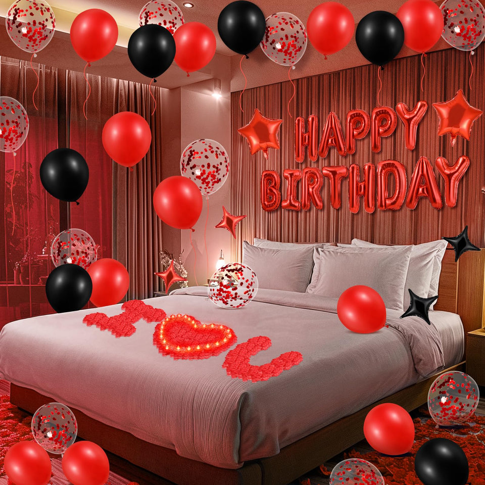 Peconal red happy birthday banner letters create a bold photo backdrop for celebrations.