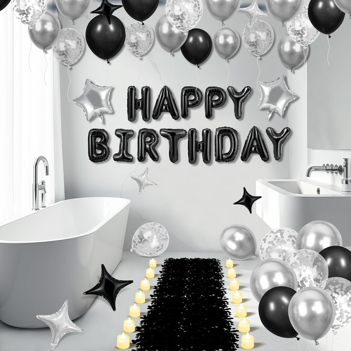 Peconal silver and black star balloons add polished party flair