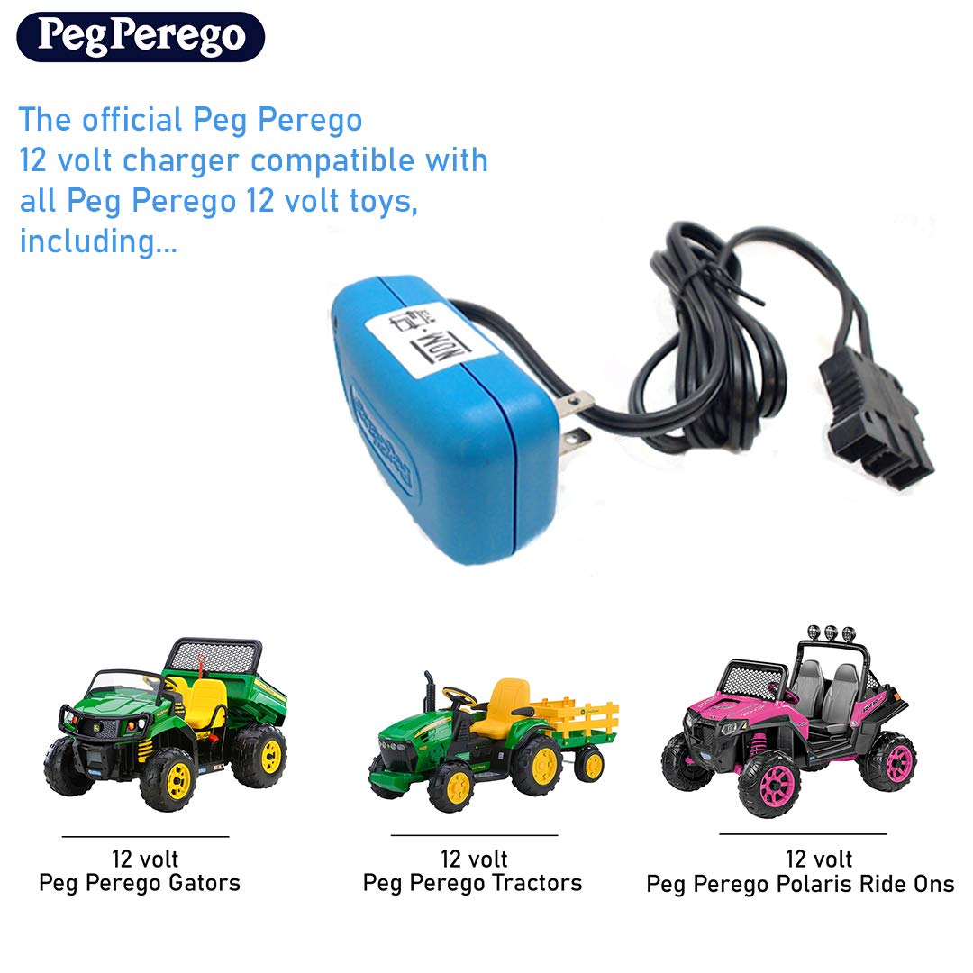 Peg Perego 12V charger plugged into a ride-on vehicle for easy power top-up