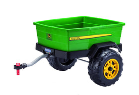 Peg Perego John Deere Adventure Trailer attached to a green Gator XUV for outdoor play