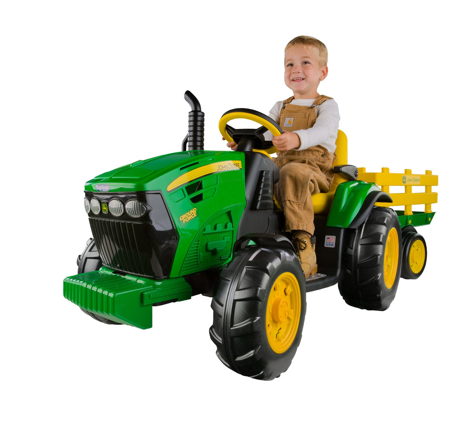Peg Perego John Deere Ground Force tractor front view with sturdy wheels for outdoor play.