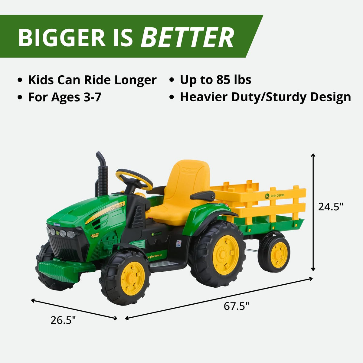 John Deere Ground Force tractor side view showing robust frame for growing kids.