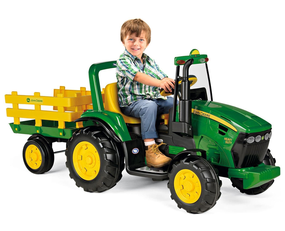 Peg Perego John Deere heavy duty tractor front view—rugged outdoor design for kids.