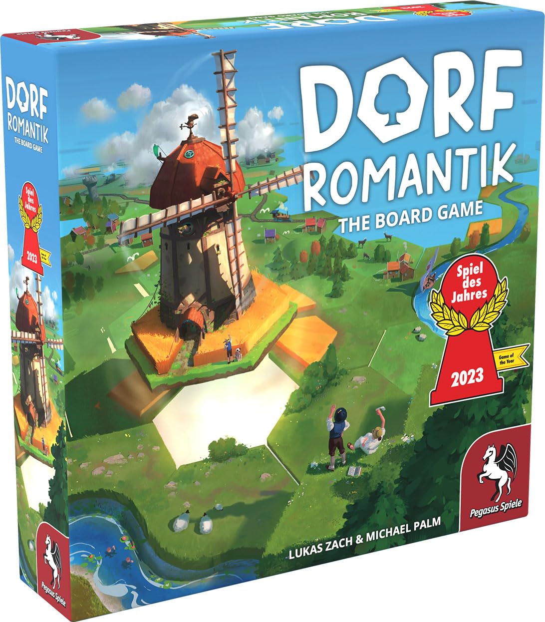 Pegasus Spiele Dorfromantik board game US edition cover, inviting family-friendly landscape-building fun.