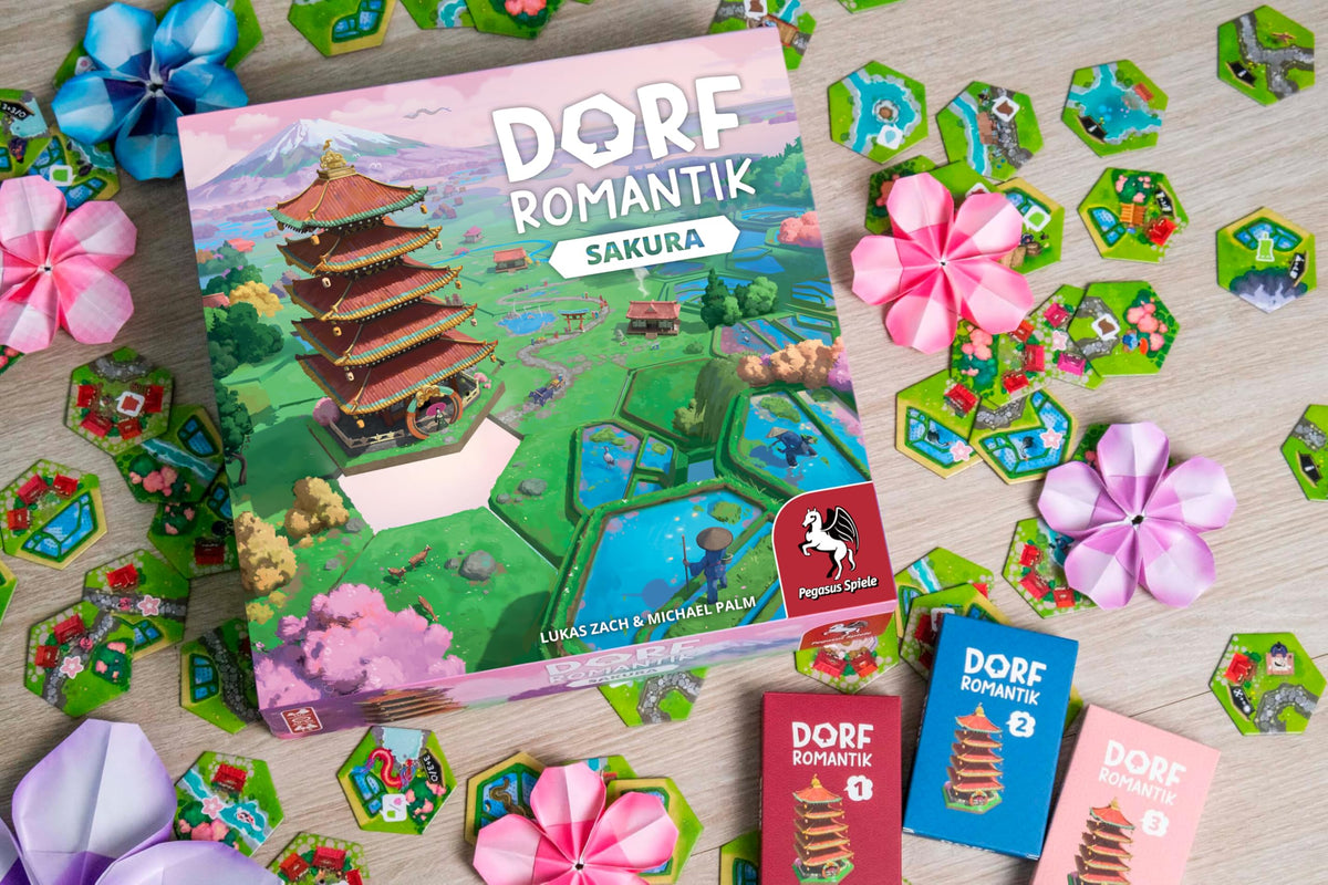 Dorfromantik Sakura USA Edition gameboard image highlighting cooperative tile-laying in a calm setting