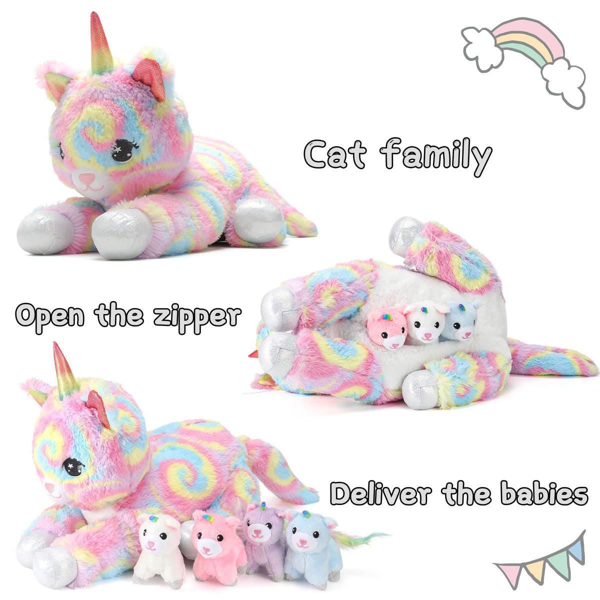 Pegmapri momma cat plushie with four baby kitties inspires imaginative storytelling.