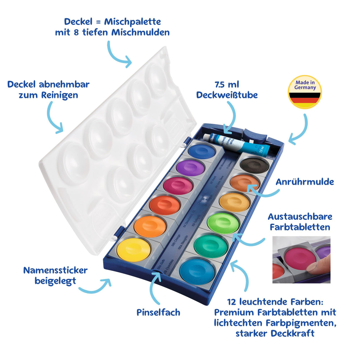 Pelikan push-button box exterior for easy access and organized art supplies