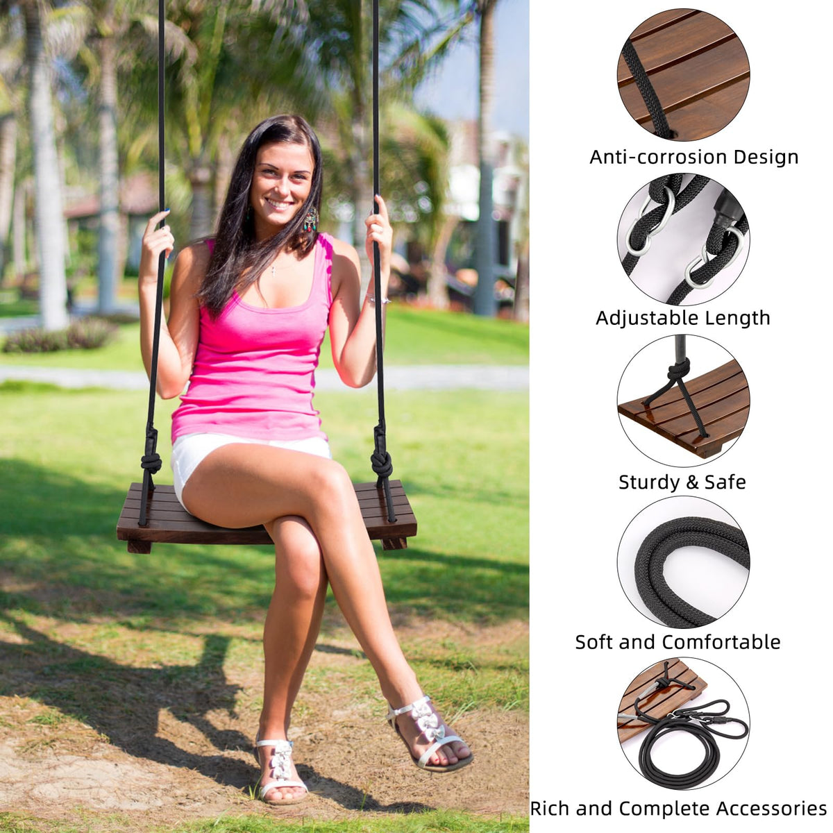 PELLOR carbonized wood swing rope shows durable hanging system