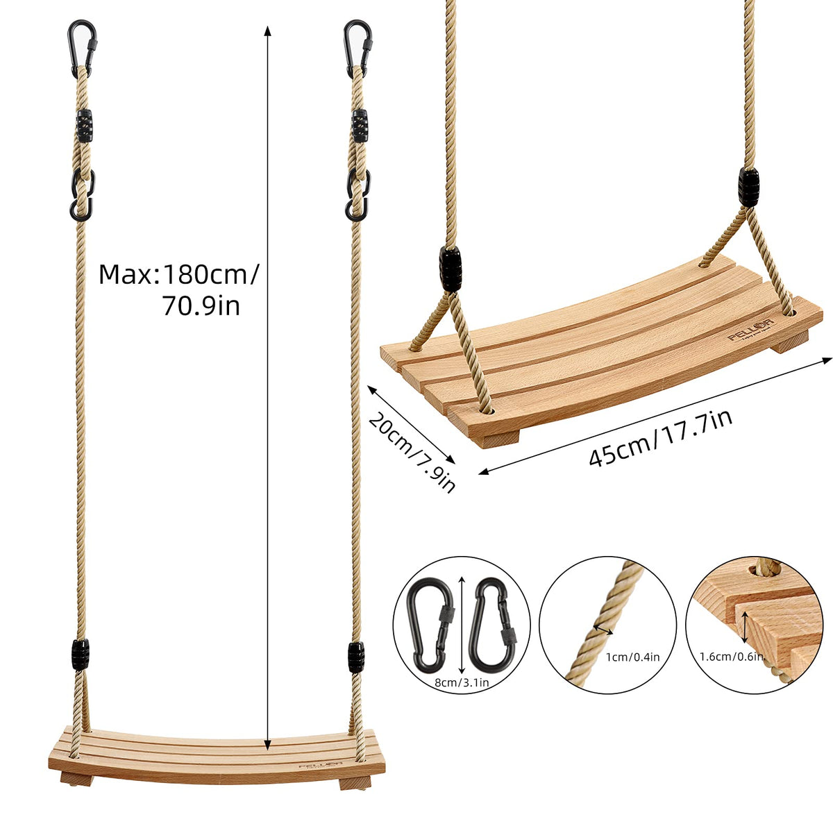 PELLOR wood tree swing metal rings detail highlights sturdy hardware.
