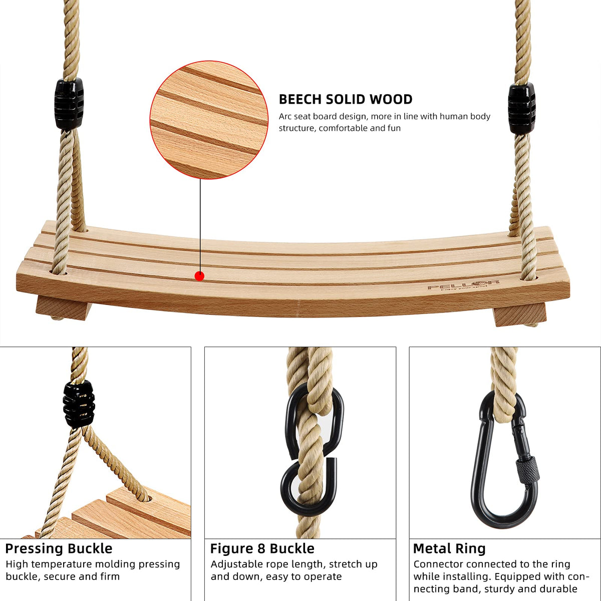 PELLOR wood tree swing rope adjustability demonstrates versatile height options.