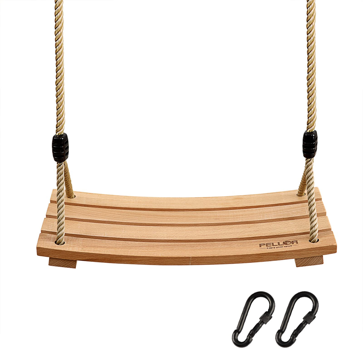 PELLOR wood tree swing seat full view suitable for indoor and outdoor use.