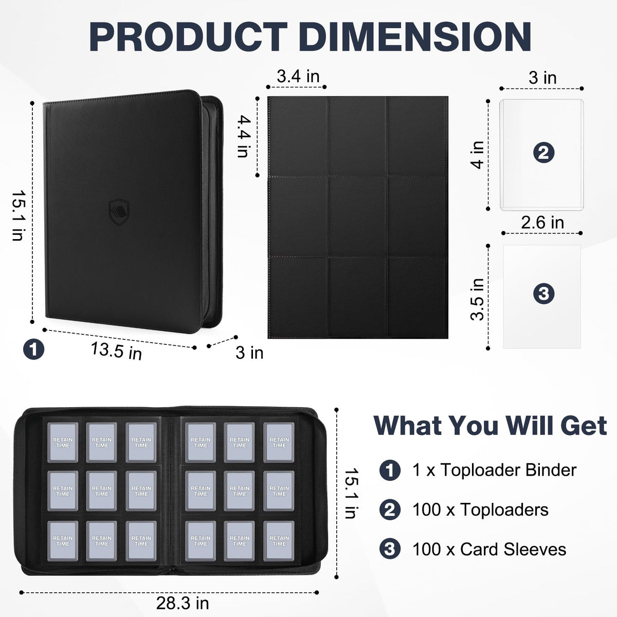 Pemocyny binder includes 100 toploaders for immediate card protection.