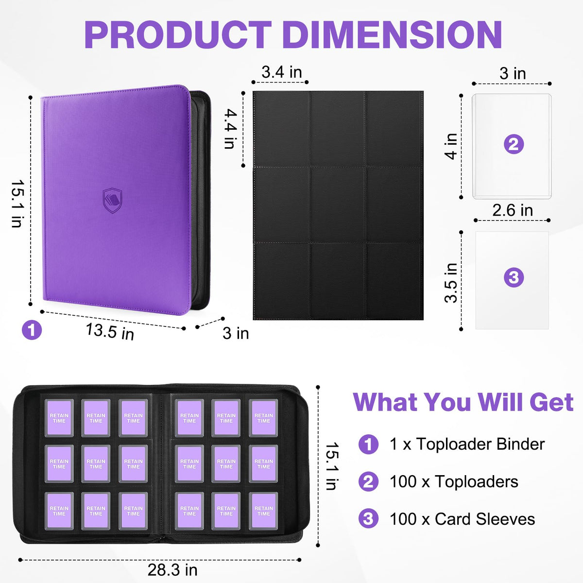 Pemocyny Toploader Binder with 100 included toploaders for immediate protection.
