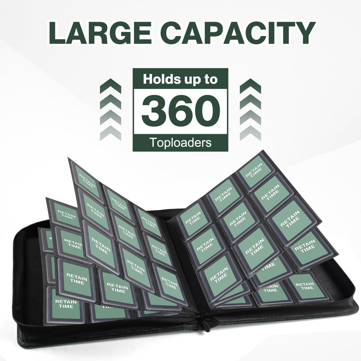 Pemocyny binder shows 100 included toploaders ready to protect cards.