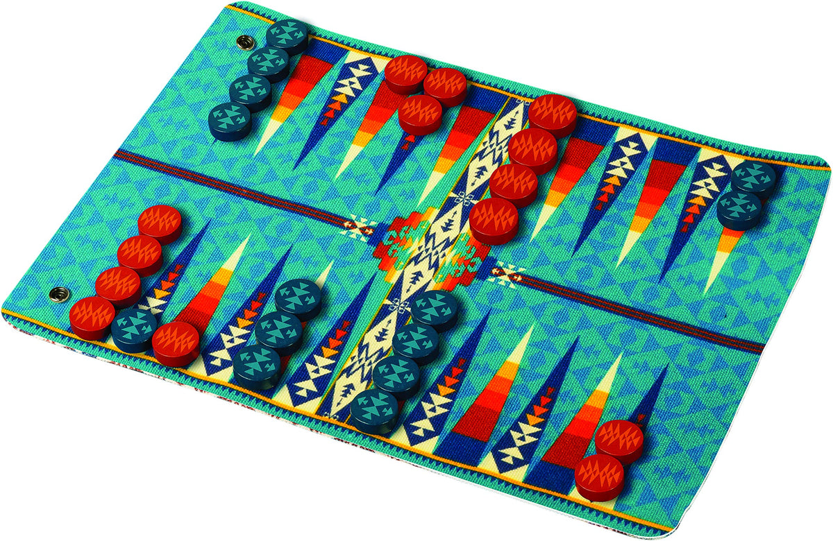 Pendleton backgammon roll-up design enables easy campsite packing.
