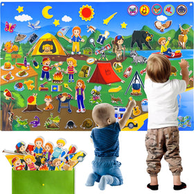 Pengfull camping theme story board 44x28 inches mounted on wall for storytelling.