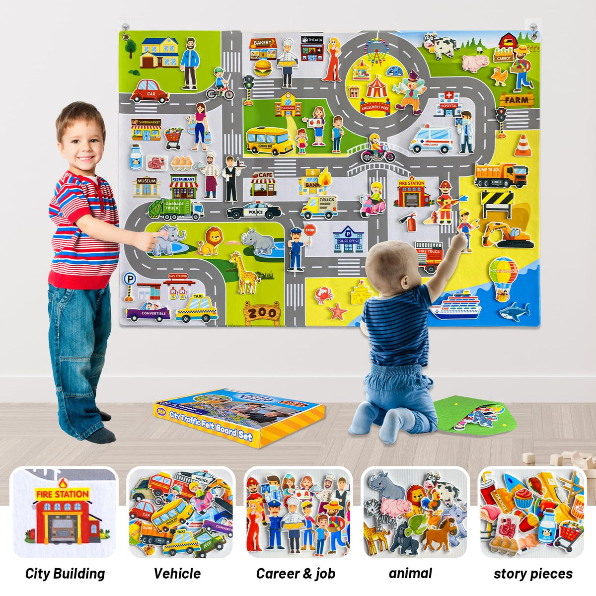 Pengfull 95-piece felt set ready for imaginative play and learning scenarios.