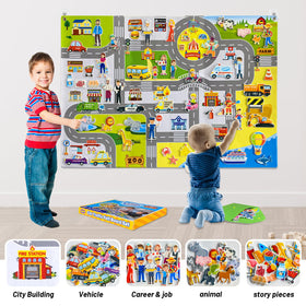 Pengfull 95-piece felt set ready for imaginative play and learning scenarios.