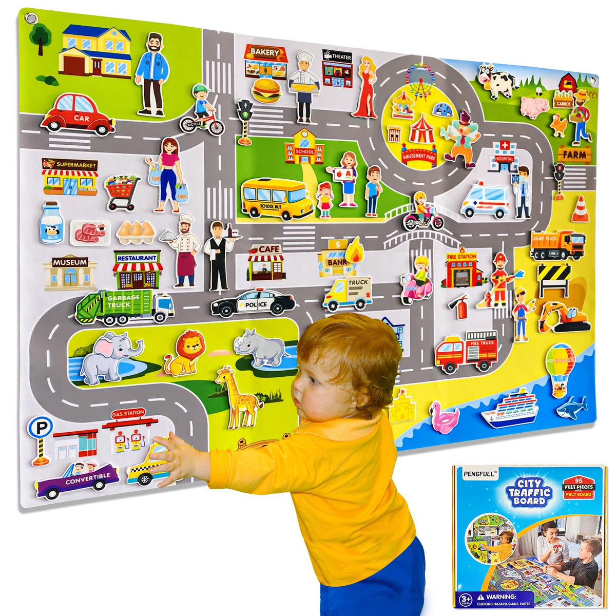 Pengfull transportation felt story board on wall display for interactive learning and storytelling.