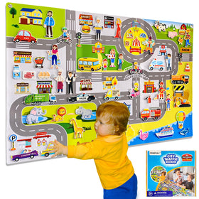 Pengfull transportation felt story board on wall display for interactive learning and storytelling.