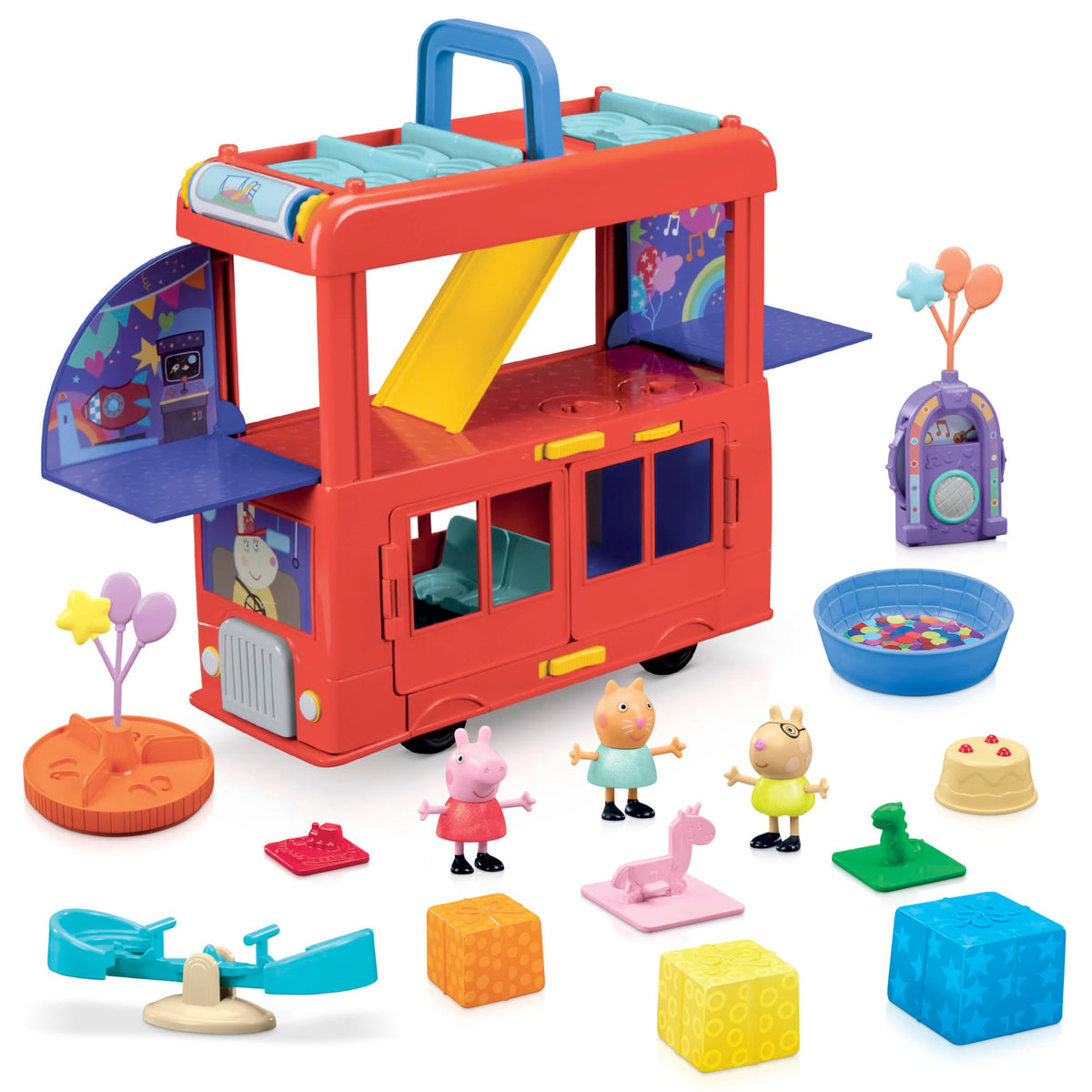Peppa Pig 2-in-1 Party Bus front view for imaginative storytelling and on-the-go pretend play.