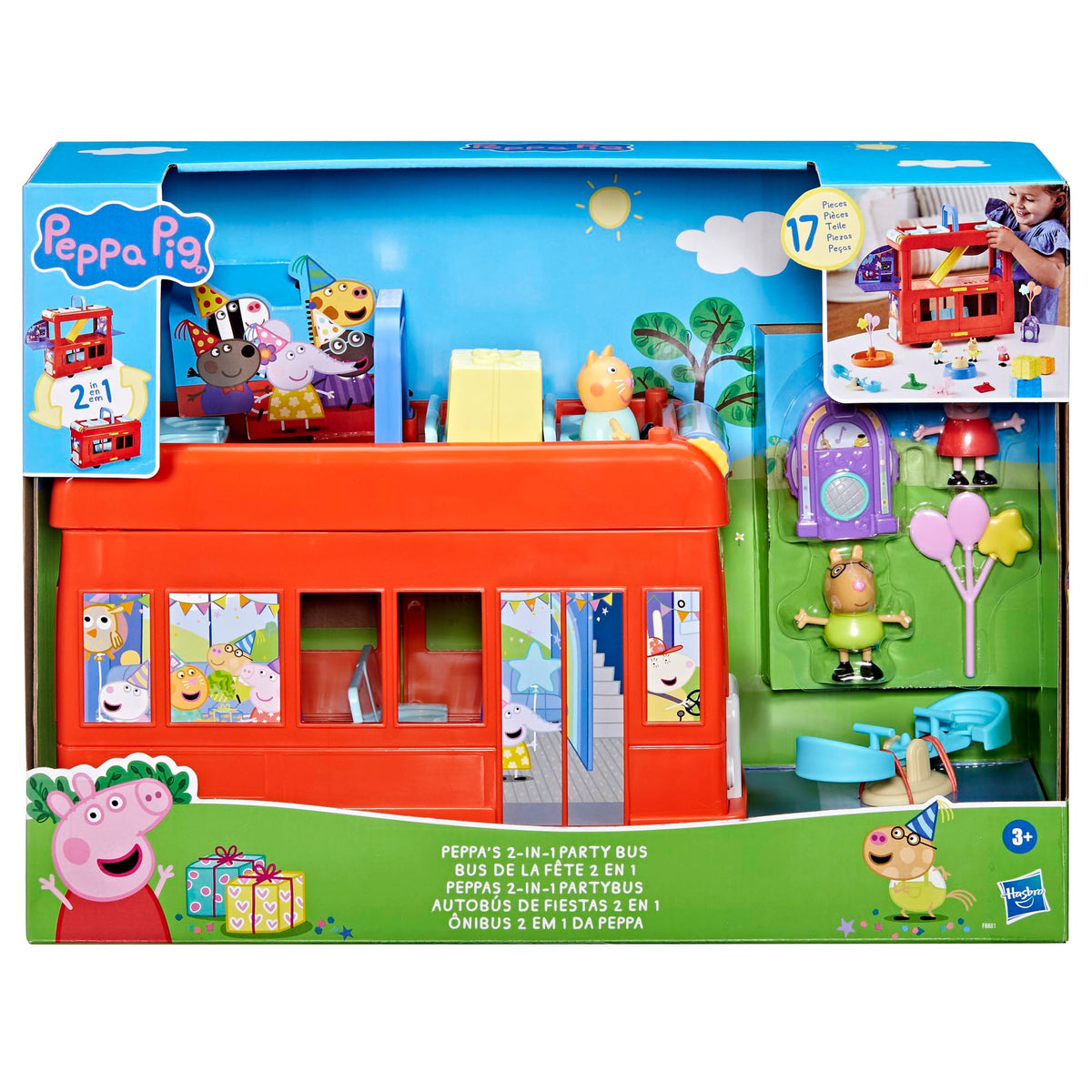 Peppa Pig Party Bus side with open playset shows multi-level play opportunities.