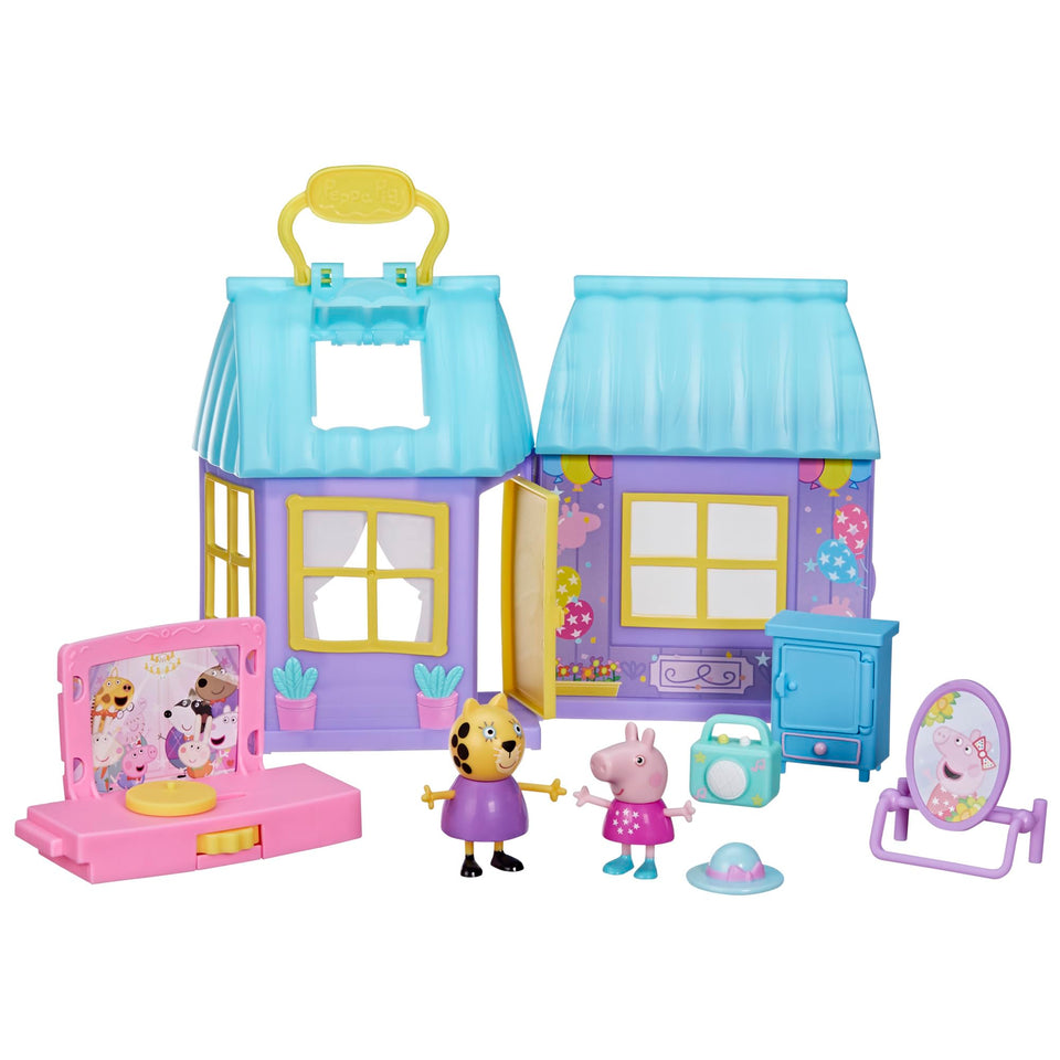 Peppa Pig dance party playset opens to reveal a playful dress shop interior for pretend play