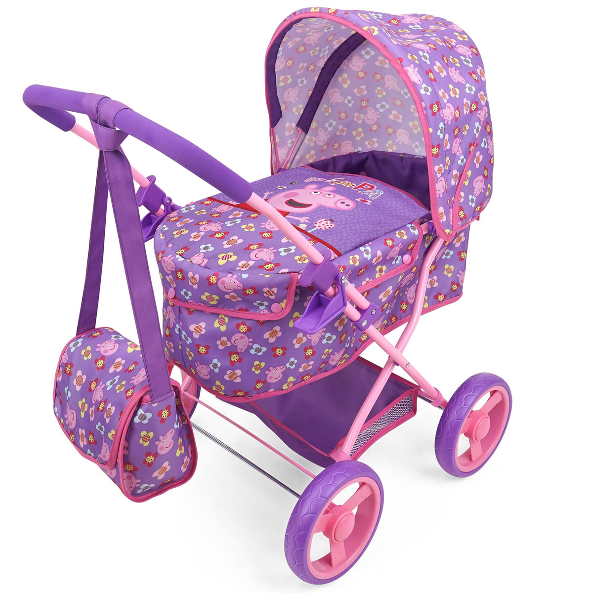 Peppa Pig deluxe pram in purple and pink flowers for 18-inch dolls