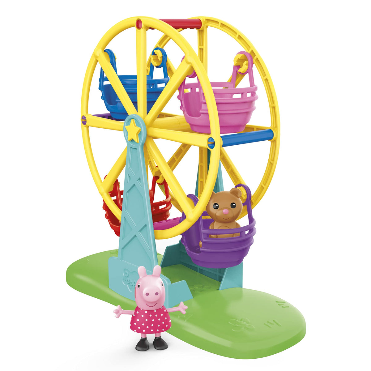 Peppa Pig figure sits in a ferris wheel basket to spark pretend adventures.