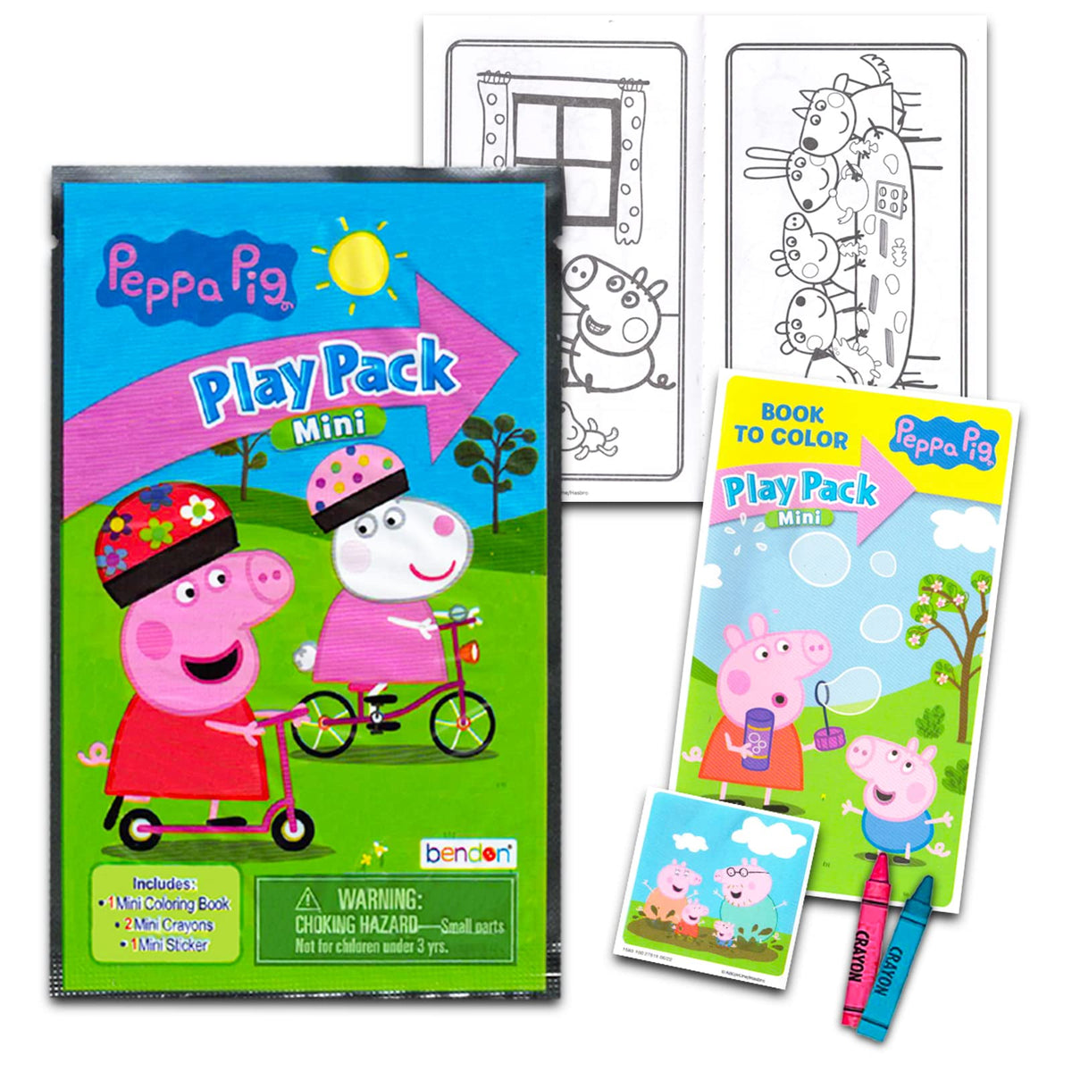 Peppa Pig grab-n-go packs with coloring pages and stickers for quick activities.