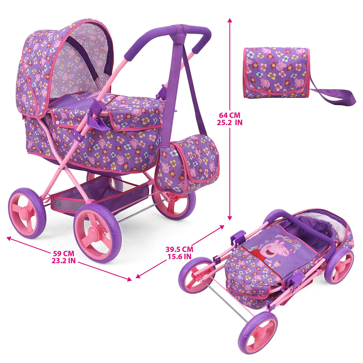 Large basket and diaper bag offer space for pretend care essentials