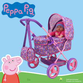 Retractable canopy on Peppa Pig pram protecting dolls from sun during play