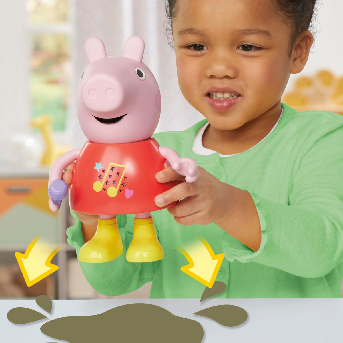 Peppa Pig Talk & Sing Peppa Doll muddy puddle sounds during jumping moments.